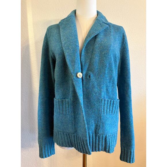 ANTHROPOLOGIE Lambswool Sweater Blazer | Blue Turquoise Autumn Cardigan | MEDIUM - Picture 7 of 9